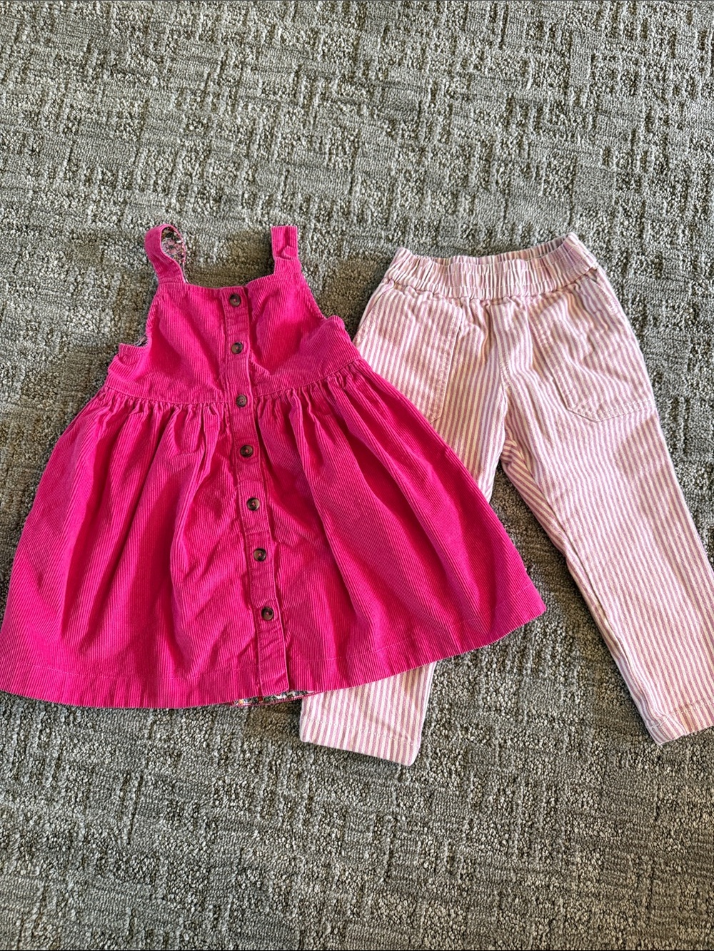 Mini Boden Girls Hot Pink Corduroy Button-Front Dress & Pink Stripe Pants Set